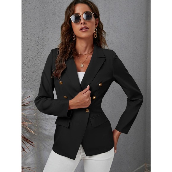 Lapel Collar Double Breasted Gold Button Blazer jacket black - Picture 3 of 12